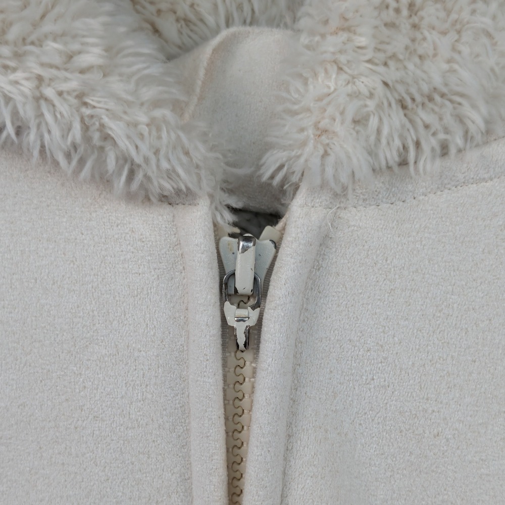 VTG Mudd Jacket Womens M Cream Faux Suede Fur Trim Hooded McBling Snow Bunny Y2K - Picture 11 of 14